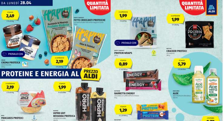 creme spalmabili, barrette e prodotti proteici in promozione da Aldi