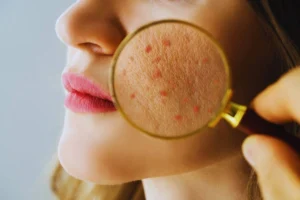 una ragazza con la lente di ingrandimento sulla pelle irritata