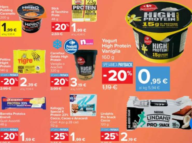 volantino carrefour con barrette e budini proteici