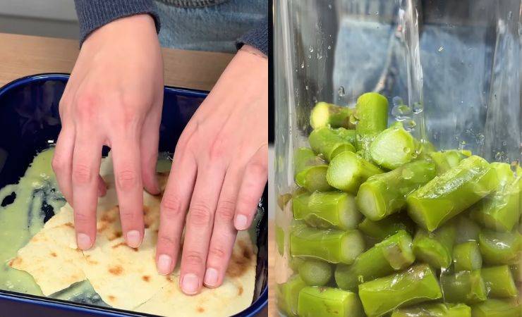 mani che fanno lasagne e degli asparagi in un contenitore