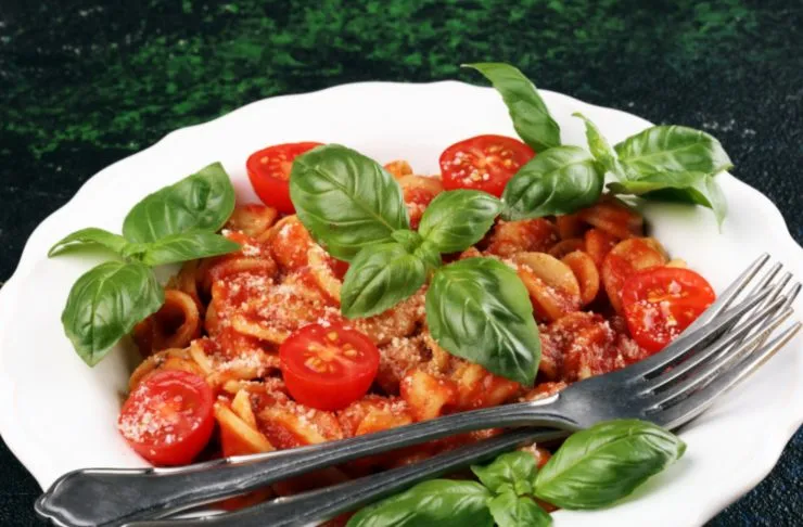 orecchiette pomodoro e basilico in un piatto con accanto una forchetta
