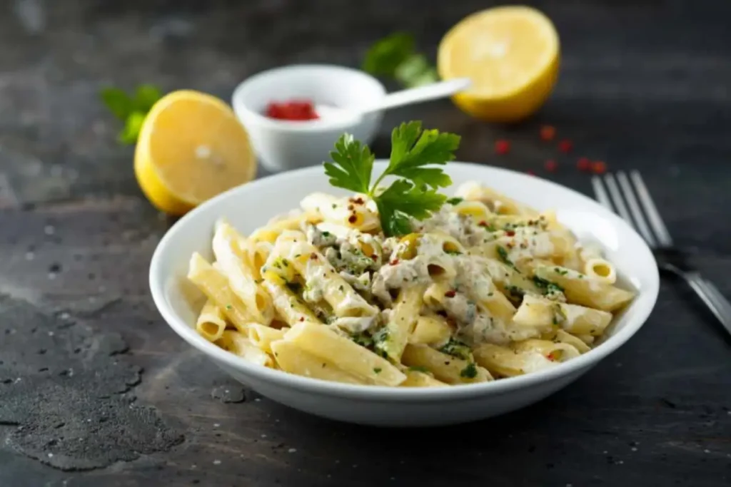 piatto di pasta con dietro un limone tagliato a metà e una ciotolina