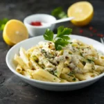 piatto di pasta con dietro un limone tagliato a metà e una ciotolina