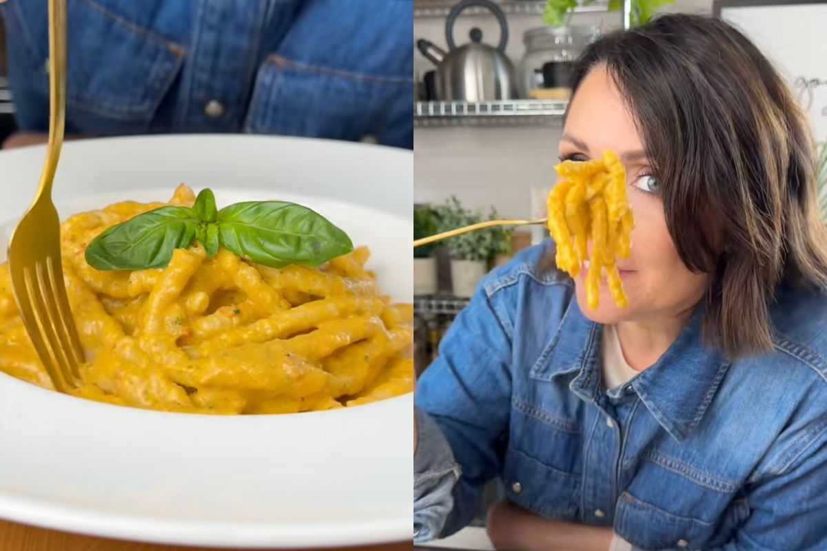 pasta in un piatto e ragazza che l'assaggia