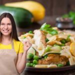 pasta tonno zucchine e donna con grembiule