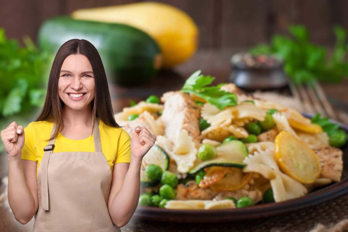 pasta tonno zucchine e donna con grembiule