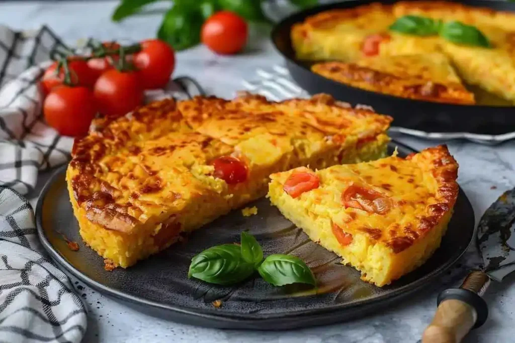 torta di riso con pomodorini sopra ad un piatto