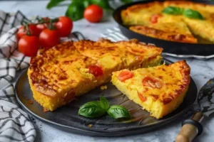 torta di riso con pomodorini sopra ad un piatto
