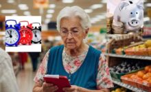 donna anziana al supermercato con in mano un block notes