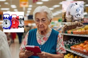 donna anziana al supermercato con in mano un block notes