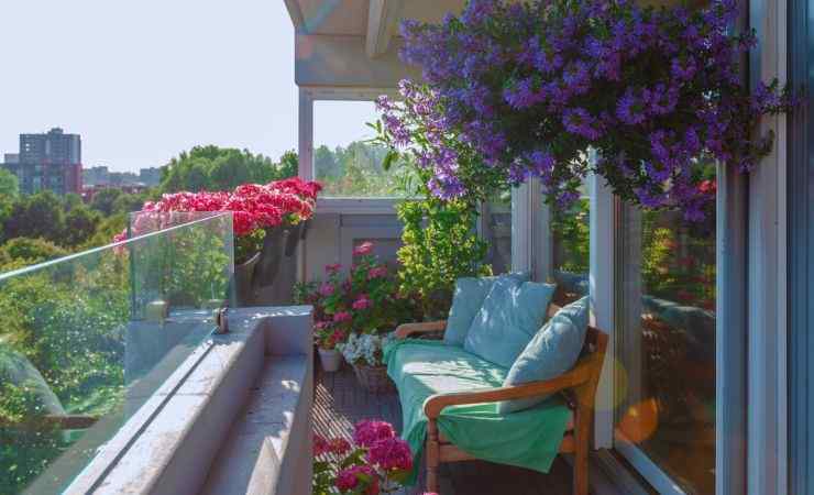 un balcone pieno di piante
