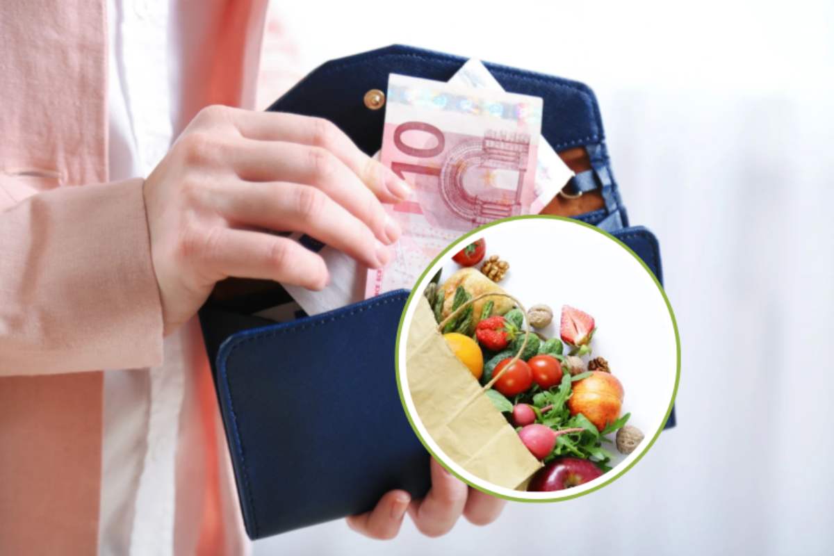 mani con portafoglio e frutta in miniatura