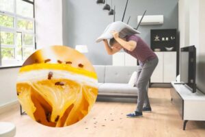 uomo con una sedia e moscerini su limone