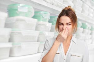 ragazza si tiene il naso per il cattivo odore e contenitori in frigo