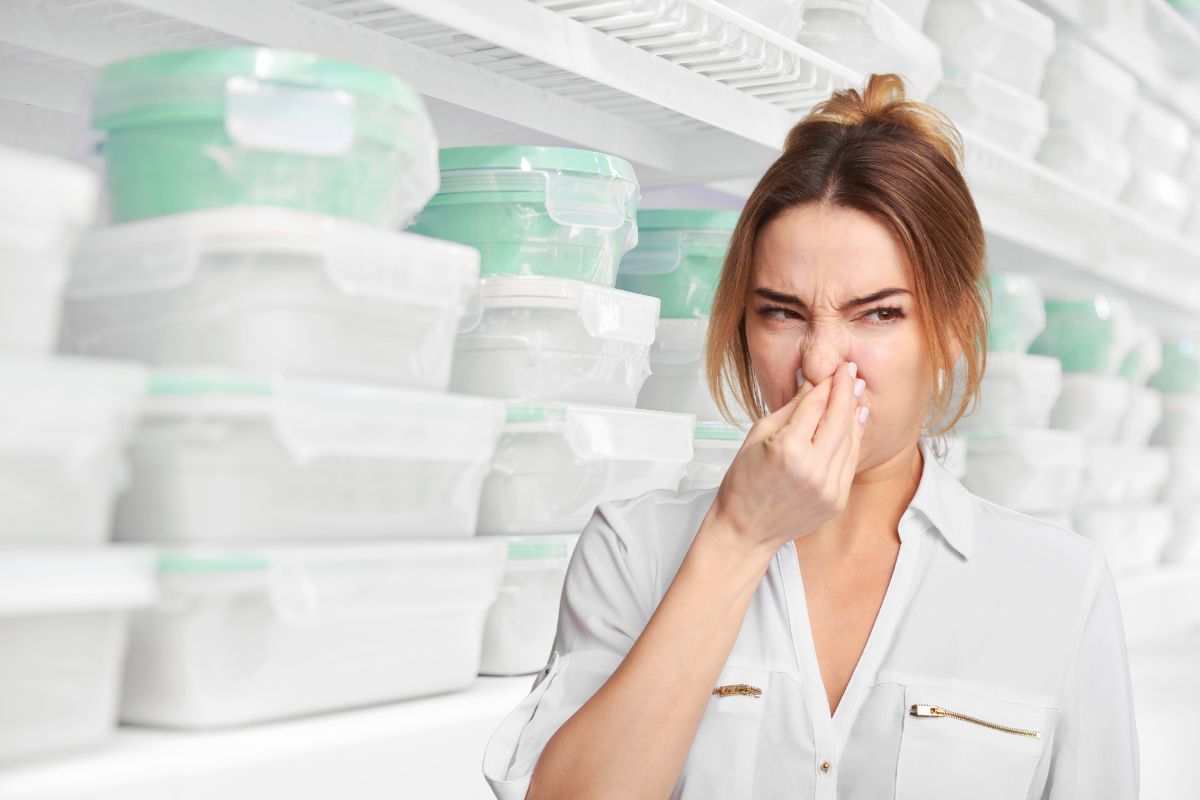 ragazza si tiene il naso per il cattivo odore e contenitori in frigo
