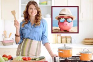 donna in cucina con in mano un mestolo e nel riquadro un salvadanaio