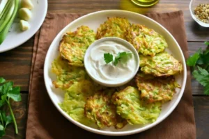 frittelle di zucchine su un piatto e al centro una tazza con della salsa bianca