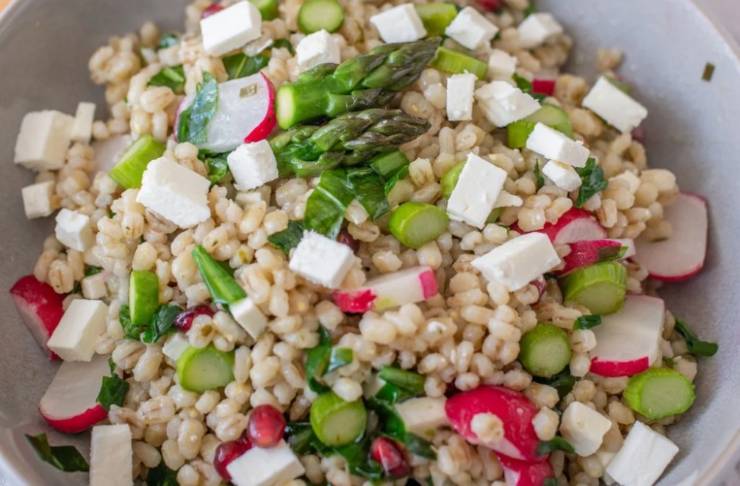 insalata di orzo con verdure e tofu a cubetti