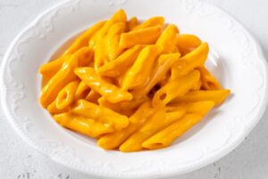 penne al sugo dentro ad un piatto bianco