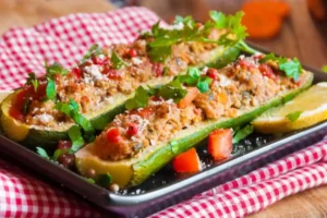 due zucchine ripiene su un piatto con accanto pezzetti di pomodoro e fette di limone