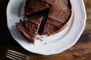 torta al cioccolato sopra ad un piatto bianco con accanto una forchetta