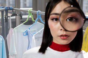 vestiti stesi e donna con lente di ingrandimento