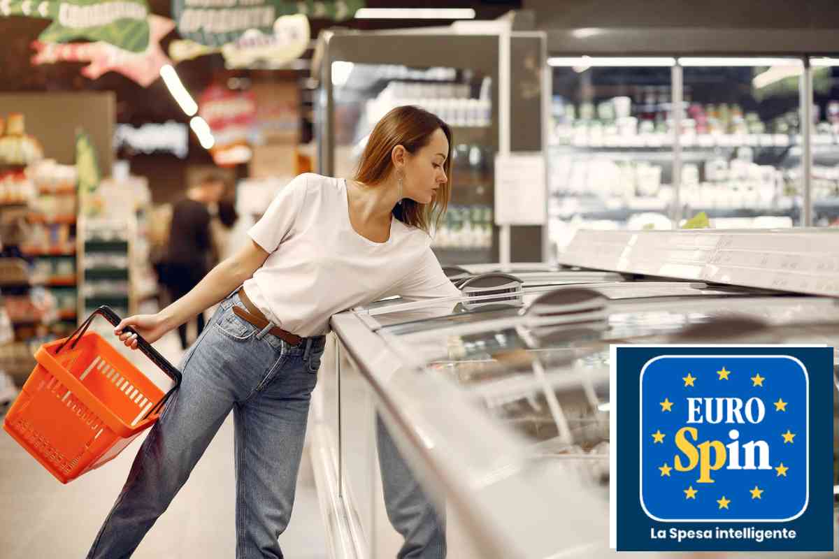 Donna che fa la spesa e logo di Eurospin