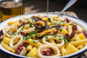 ciotola di insalata di pasta con pesce