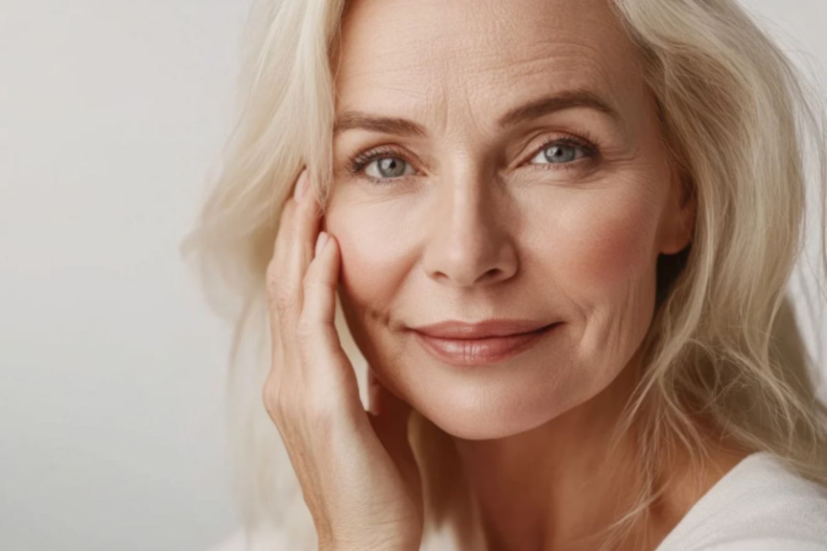 donna che sorride e si tocca il viso