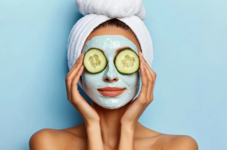 donna con una maschera di bellezza in faccia e due fettine di cetriolo sugli occhi