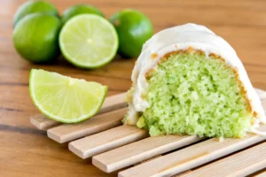 plumcake menta e lime ricoperto da glassa bianca e accanto dei lime