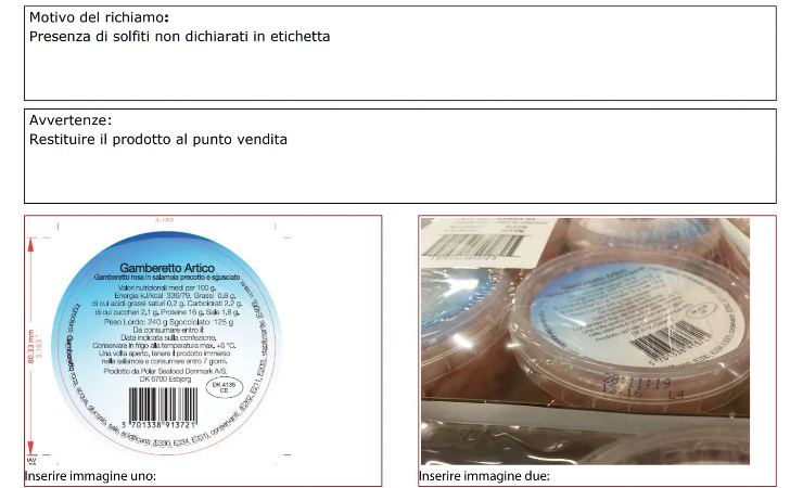 Screen richiamo alimentare del ministero con foto e motivo ritiro