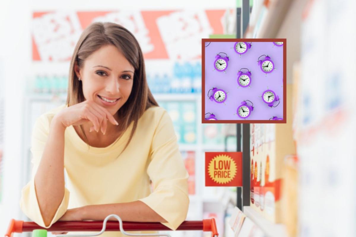 donna che sorride al supermercato e nel riquadro delle sveglie
