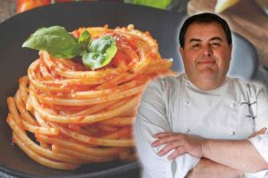 collage piatto di spaghetti al pomodoro e chef esposito