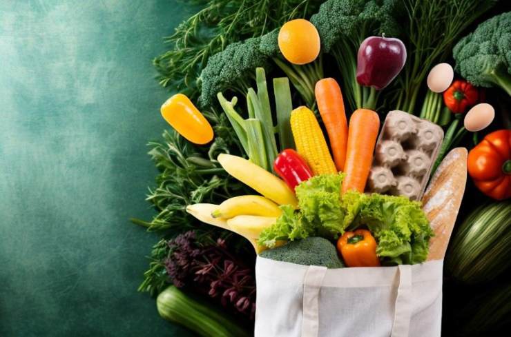 borsa piena di ortaggi, pane e uova