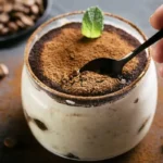 Tiramisù in un bicchiere con polvere di cacao e un cucchiaino all'interno
