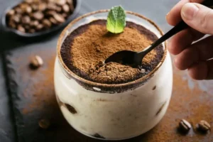 Tiramisù in un bicchiere con polvere di cacao e un cucchiaino all'interno