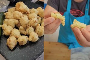 delle zeppole e lo chef che fa vedere l'interno