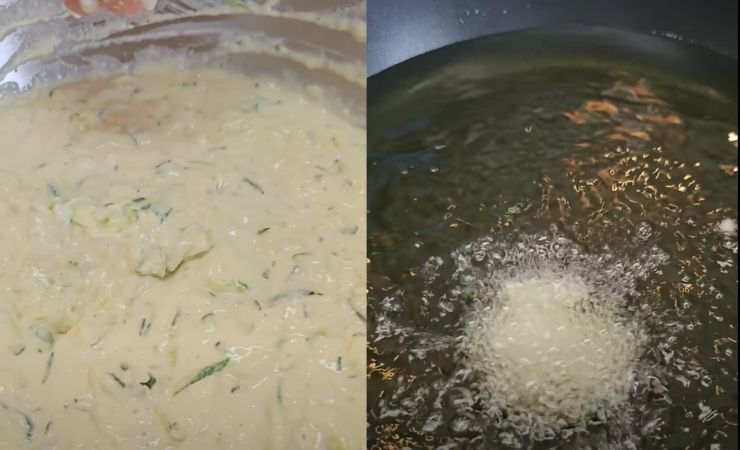 un impasto e una pentola con l'olio che frigge