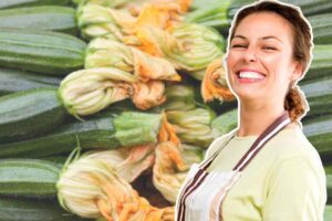 zucchine e donna che sorride in primo piano