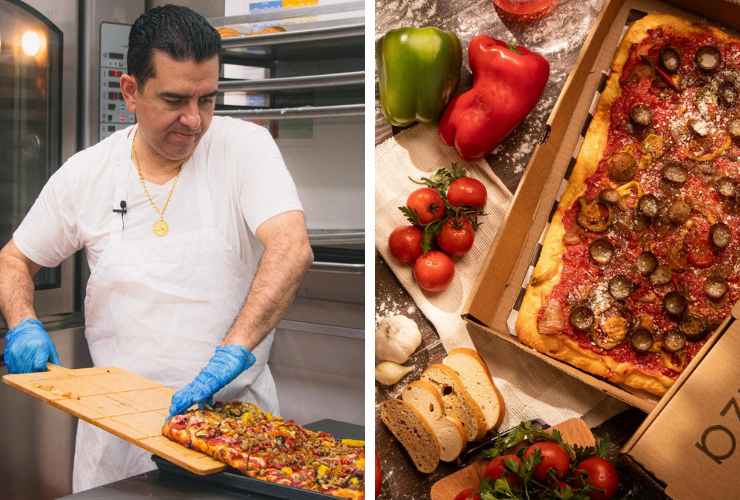 collage buddy valastro e pizza con il pomodoro in una teglia fumante