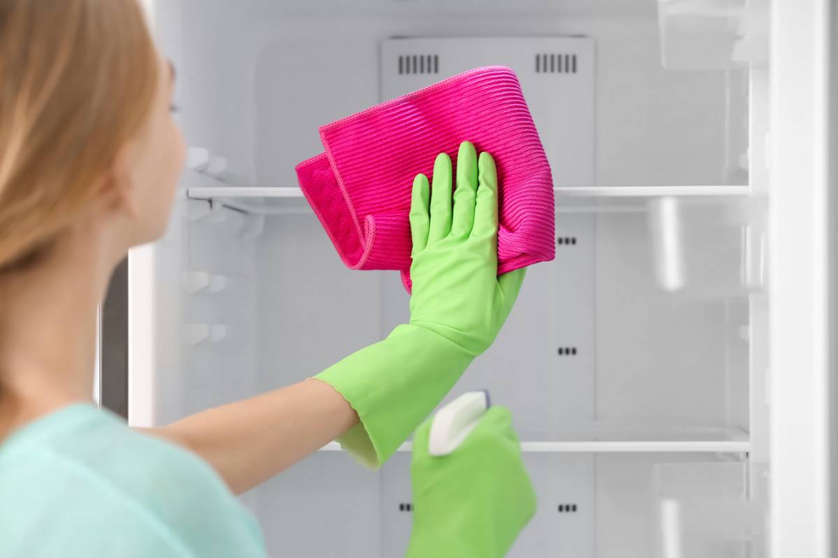 donna con panno che pulisce interno frigo