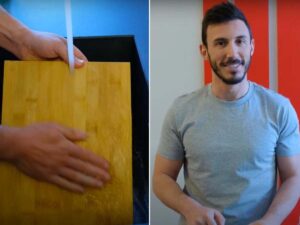 mattia alessio e tagliere di legno sotto un getto di acqua corrente