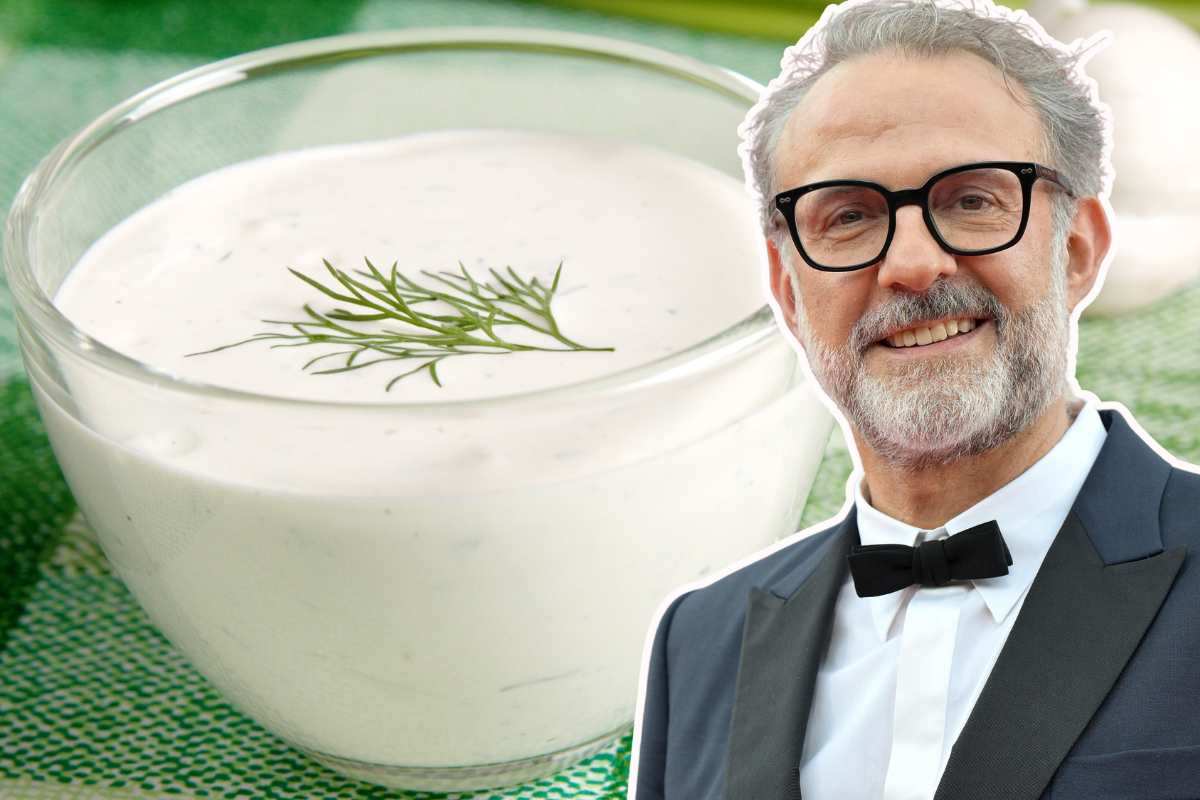 ciotola con la crema di parmigiano e massimo bottura