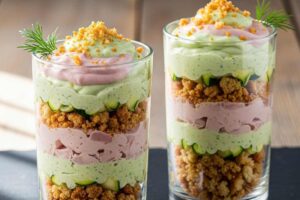 bicchieri ripieni di crostini sbriciolati e mousse fredde
