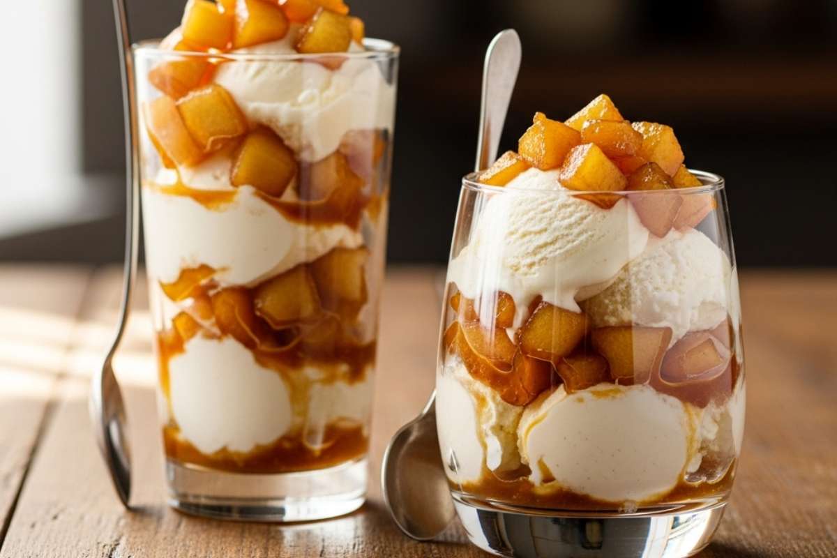 bicchieri con mele caramellate e gelato