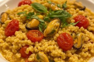 fregola con cozze e pomodorini