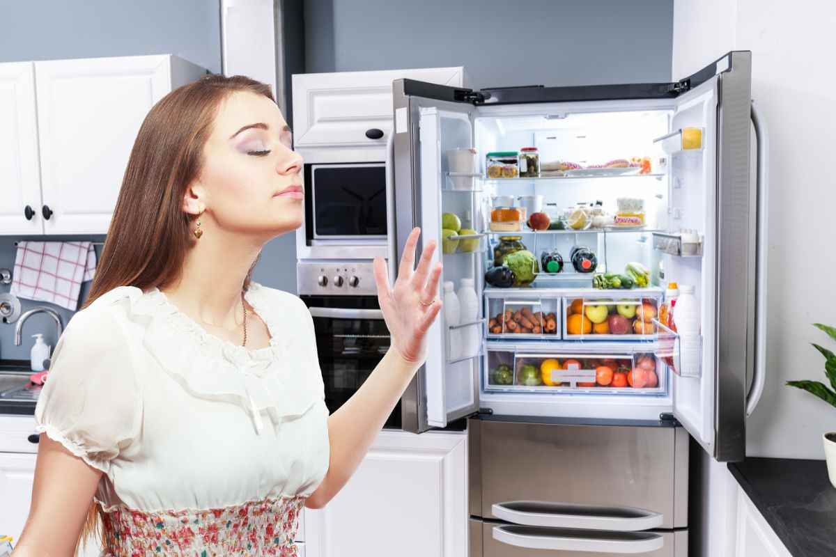 frigo aperto e ragazza annusa