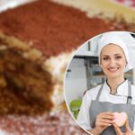 pasticcera in un riquadro e pezzo di tiramisù sfocato sullo sfondo