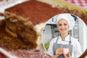 pasticcera in un riquadro e pezzo di tiramisù sfocato sullo sfondo